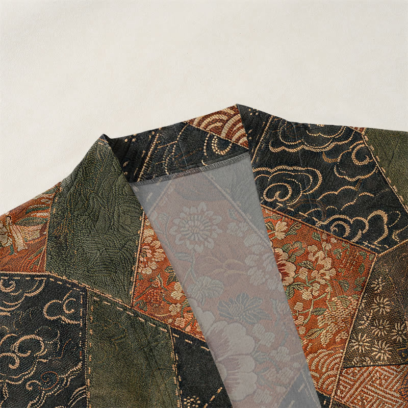 Buddha Stones Cotton Vintage Patchwork Waves Pattern Open Front Men's Kimono - image 3