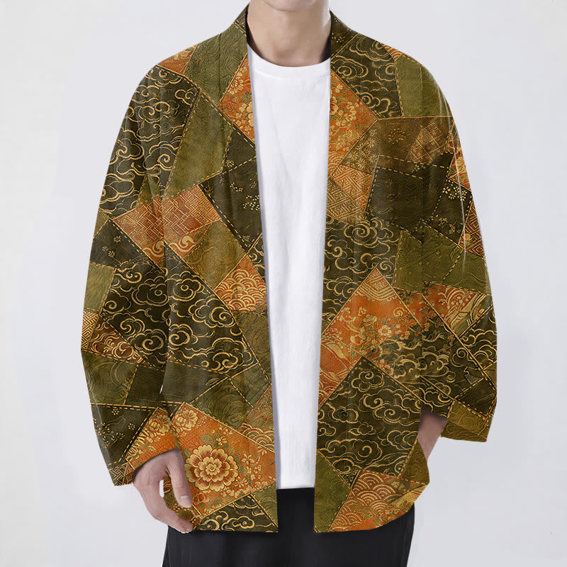 Buddha Stones Cotton Vintage Patchwork Waves Pattern Open Front Men's Kimono - DarkOliveGreen - US/UK/AU48，EU58 (4XL) - image 6