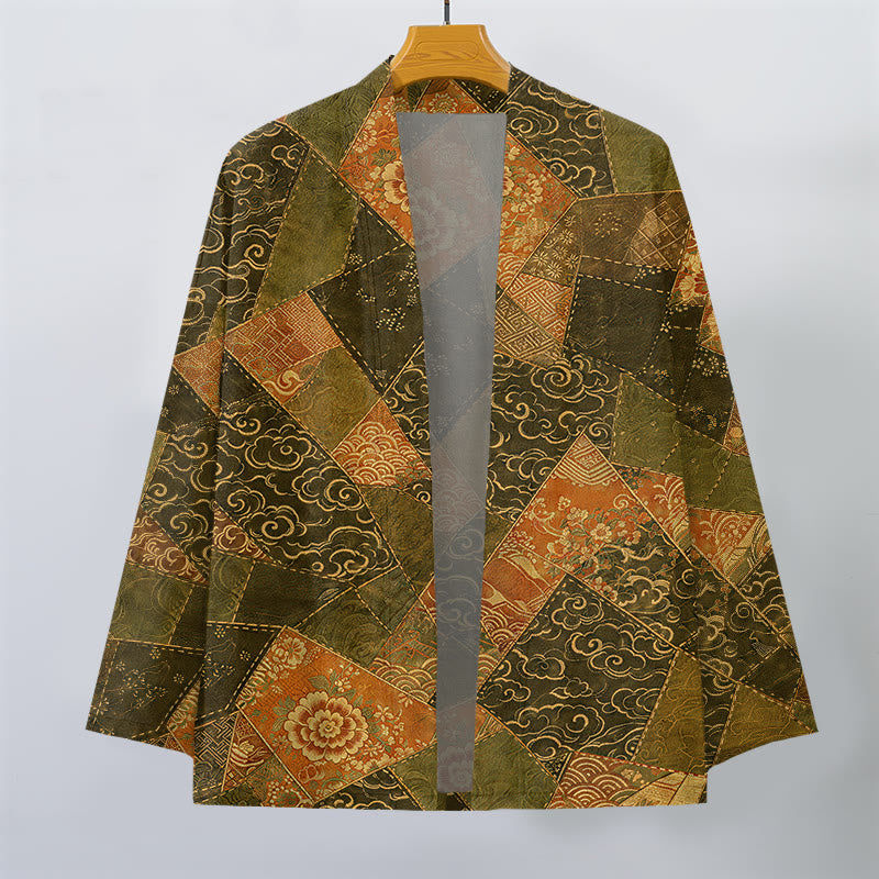 Buddha Stones Cotton Vintage Patchwork Waves Pattern Open Front Men's Kimono - image 7
