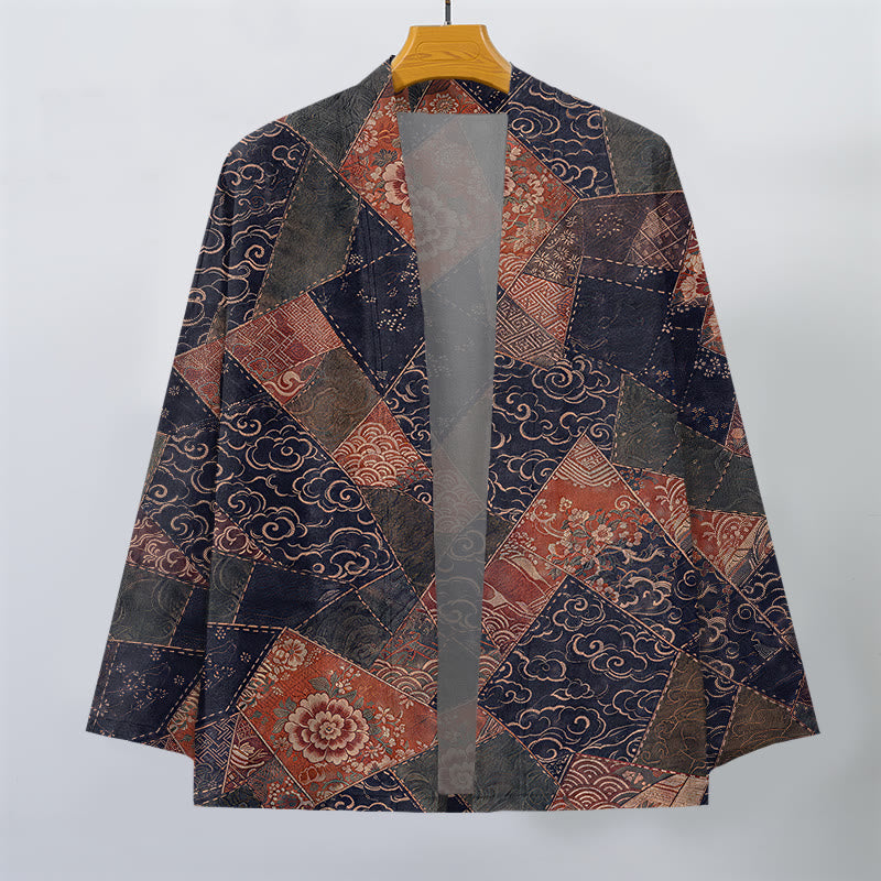 Buddha Stones Cotton Vintage Patchwork Waves Pattern Open Front Men's Kimono - image 10