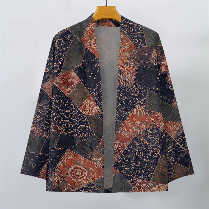Buddha Stones Cotton Vintage Patchwork Waves Pattern Open Front Men's Kimono - image 10