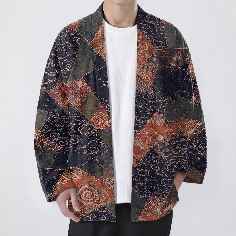 Buddha Stones Cotton Vintage Patchwork Waves Pattern Open Front Men's Kimono - Navy - US/UK/AU48，EU58 (4XL) - image 9