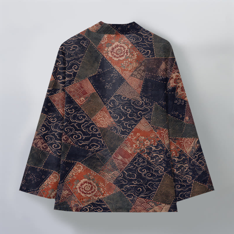 Buddha Stones Cotton Vintage Patchwork Waves Pattern Open Front Men's Kimono - image 11