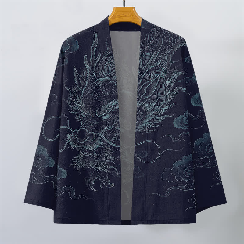 Buddha Stones Cotton Ancient Dragon Mist Pattern Open Front Men's Kimono - image 1