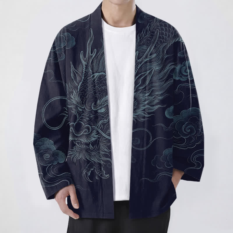 Buddha Stones Cotton Ancient Dragon Mist Pattern Open Front Men's Kimono - Navy - US/UK/AU48，EU58 (4XL) - image 0