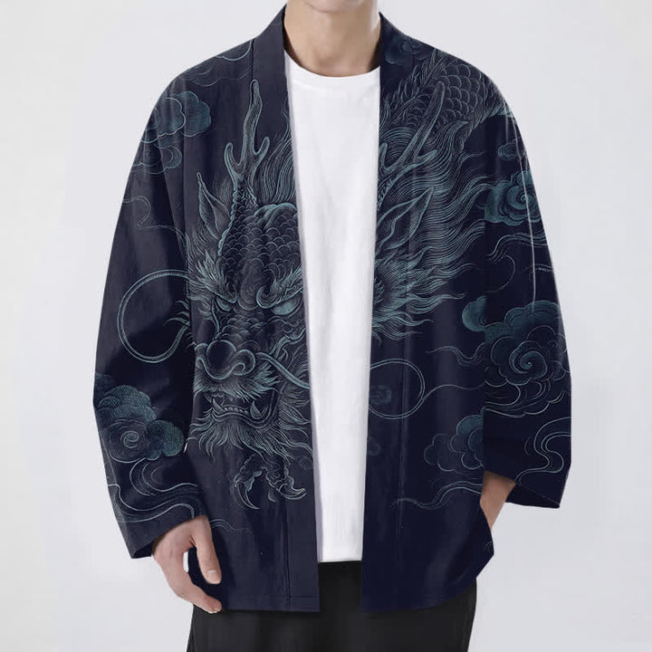Buddha Stones Cotton Ancient Dragon Mist Pattern Open Front Men's Kimono - Navy - US/UK/AU48，EU58 (4XL) - image 0
