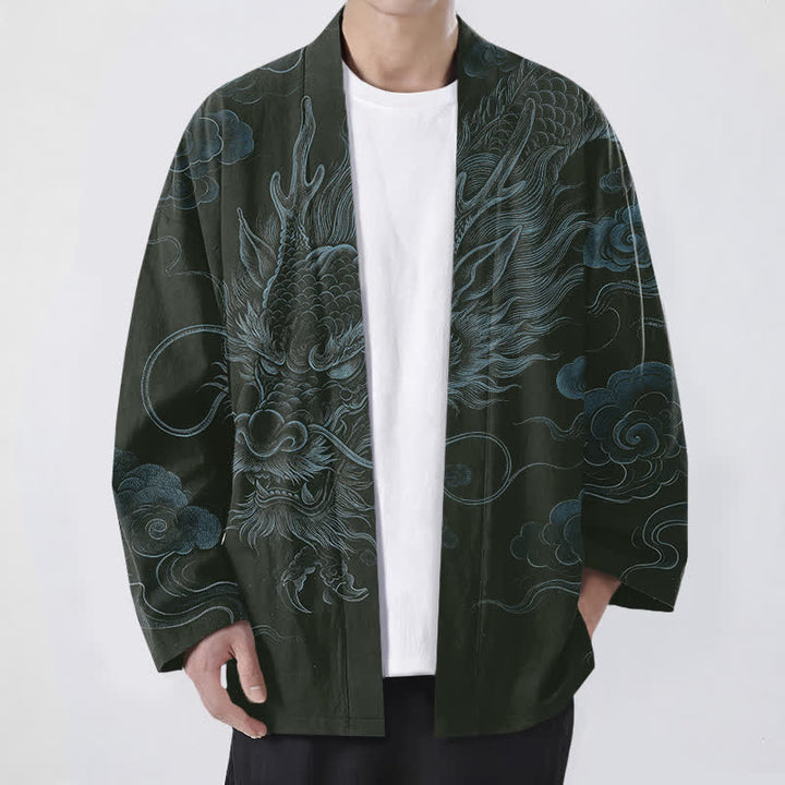 Buddha Stones Cotton Ancient Dragon Mist Pattern Open Front Men's Kimono - DarkGreen - US/UK/AU48，EU58 (4XL) - image 6