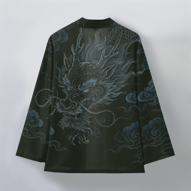 Buddha Stones Cotton Ancient Dragon Mist Pattern Open Front Men's Kimono - image 8