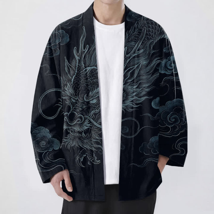 Buddha Stones Cotton Ancient Dragon Mist Pattern Open Front Men's Kimono - Black - US/UK/AU48，EU58 (4XL) - image 9