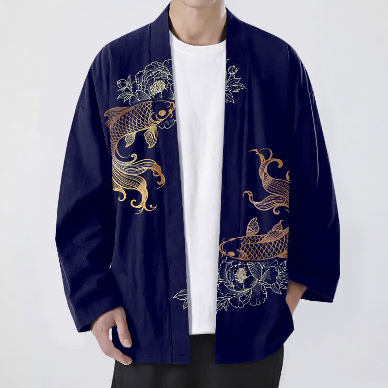 Buddha Stones Cotton Twin Koi Blossom Pattern Open Front Men's Kimono - Navy - US/UK/AU48，EU58 (4XL) - image 0