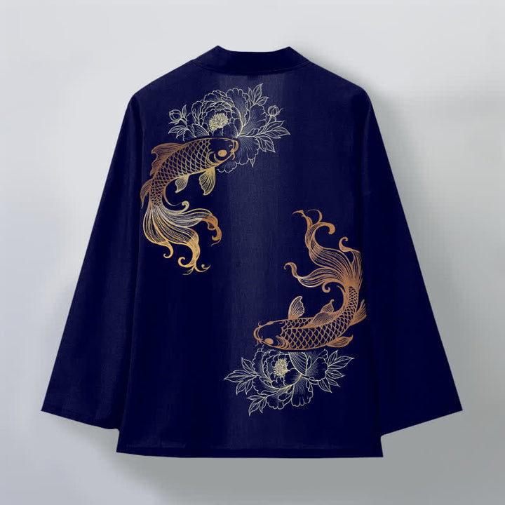 Buddha Stones Cotton Twin Koi Blossom Pattern Open Front Men's Kimono - image 2