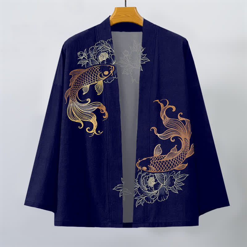 Buddha Stones Cotton Twin Koi Blossom Pattern Open Front Men's Kimono - image 1