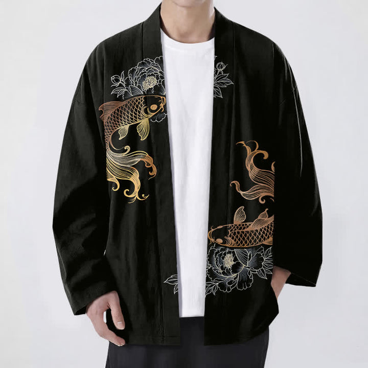Buddha Stones Cotton Twin Koi Blossom Pattern Open Front Men's Kimono - Black - US/UK/AU48，EU58 (4XL) - image 6