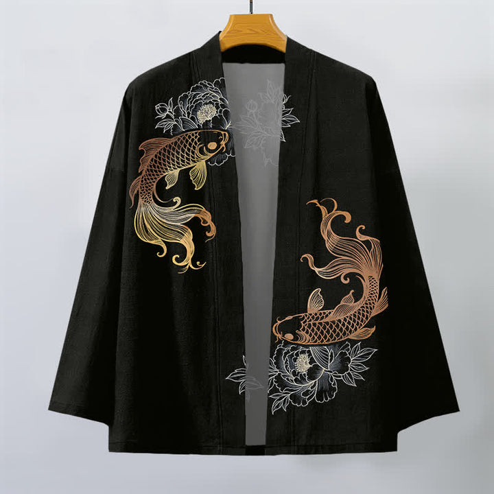 Buddha Stones Cotton Twin Koi Blossom Pattern Open Front Men's Kimono - image 7