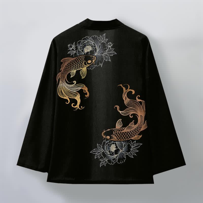 Buddha Stones Cotton Twin Koi Blossom Pattern Open Front Men's Kimono - image 8