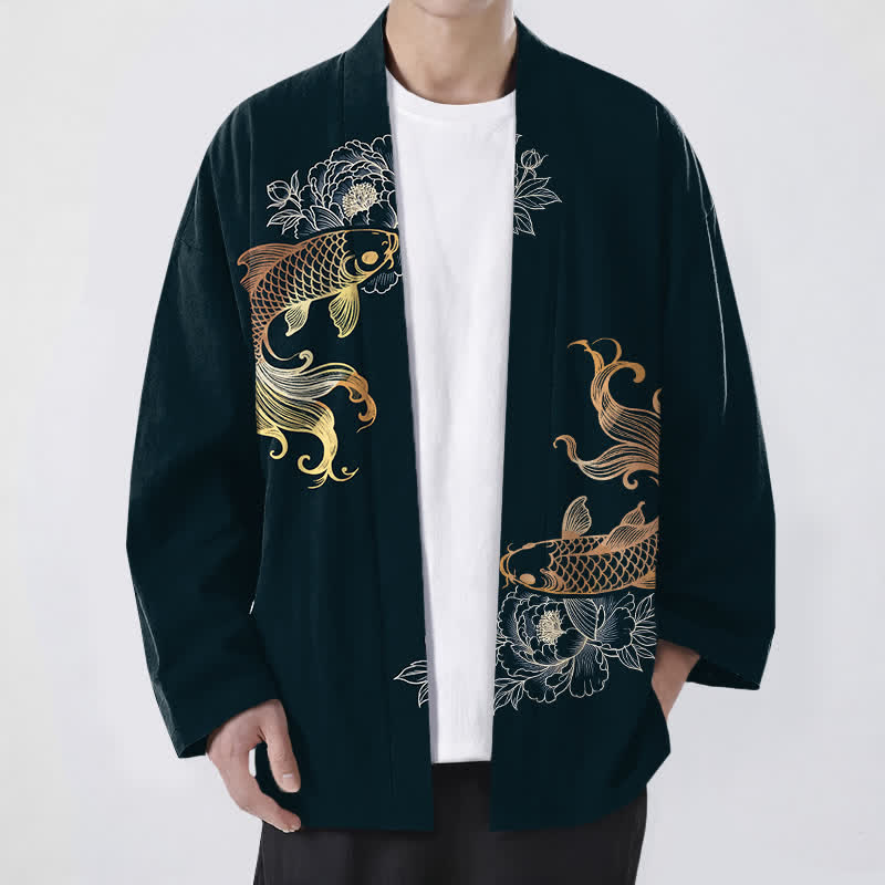 Buddha Stones Cotton Twin Koi Blossom Pattern Open Front Men's Kimono - DarkSlateGray - US/UK/AU48，EU58 (4XL) - image 9