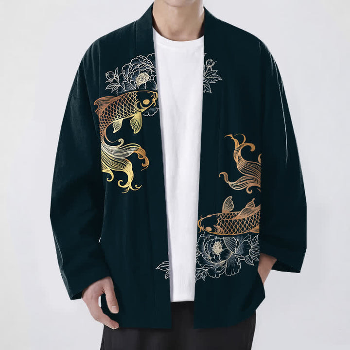 Buddha Stones Cotton Twin Koi Blossom Pattern Open Front Men's Kimono - DarkSlateGray - US/UK/AU48，EU58 (4XL) - image 9