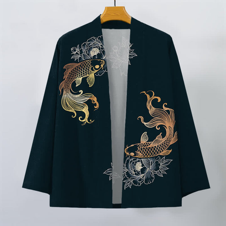 Buddha Stones Cotton Twin Koi Blossom Pattern Open Front Men's Kimono - image 10
