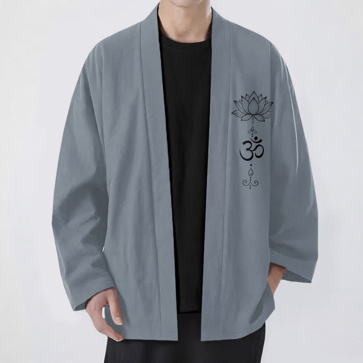 Buddha Stones Cotton Zen Lotus Pattern Open Front Men's Kimono - SlateGray - US/UK/AU48，EU58 (4XL) - image 0