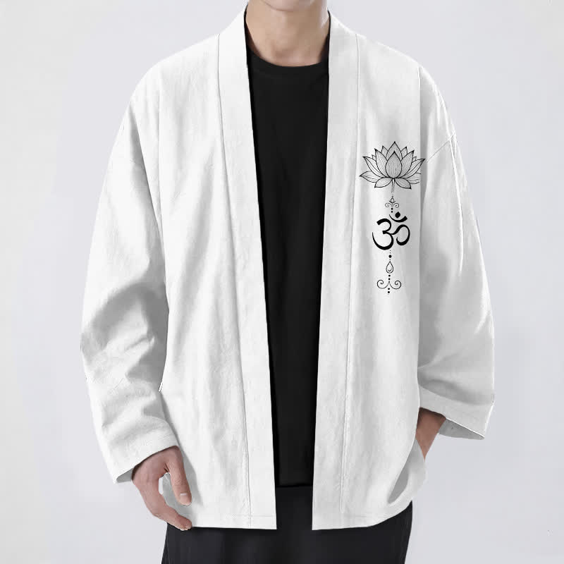 Buddha Stones Cotton Zen Lotus Pattern Open Front Men's Kimono - White - US/UK/AU48，EU58 (4XL) - image 9