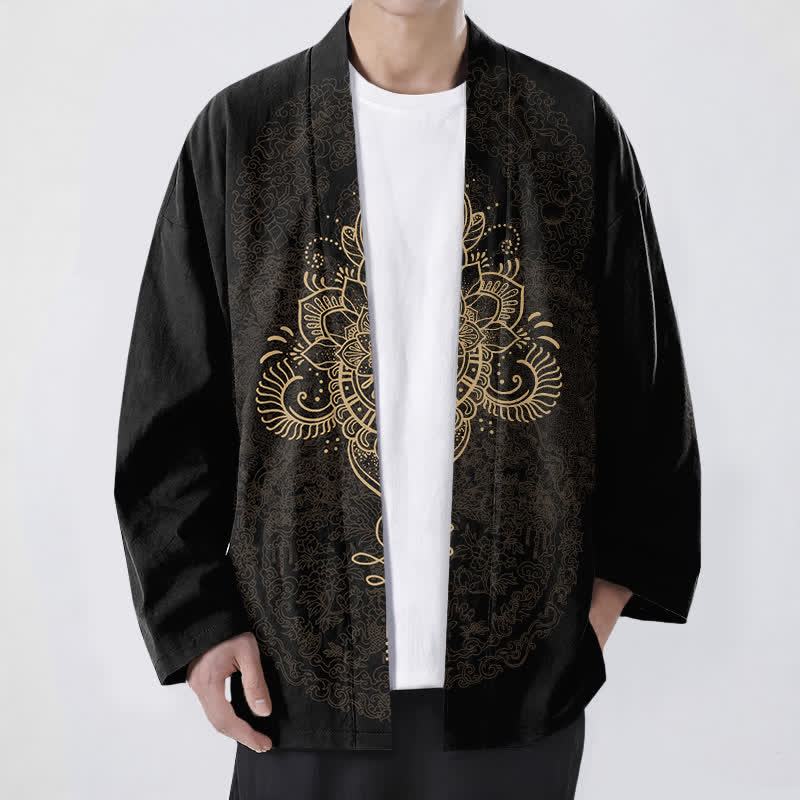 Buddha Stones Cotton Symmetrical Floral Mandala Pattern Open Front Men's Kimono - Black - US/UK/AU48，EU58 (4XL) - image 0