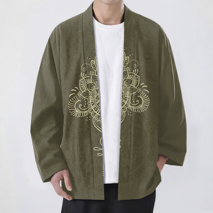 Buddha Stones Cotton Symmetrical Floral Mandala Pattern Open Front Men's Kimono - Olive - US/UK/AU48，EU58 (4XL) - image 6