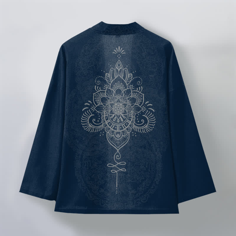 Buddha Stones Cotton Symmetrical Floral Mandala Pattern Open Front Men's Kimono - image 11