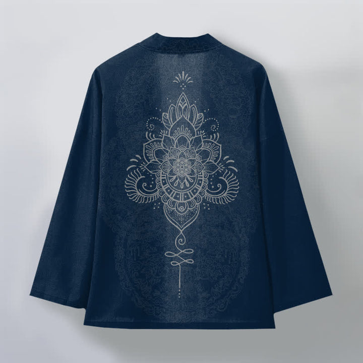 Buddha Stones Cotton Symmetrical Floral Mandala Pattern Open Front Men's Kimono - image 11