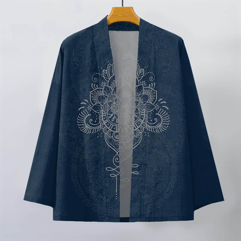Buddha Stones Cotton Symmetrical Floral Mandala Pattern Open Front Men's Kimono - image 10