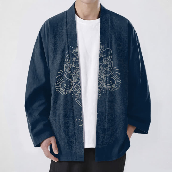 Buddha Stones Cotton Symmetrical Floral Mandala Pattern Open Front Men's Kimono - Navy - US/UK/AU48，EU58 (4XL) - image 9