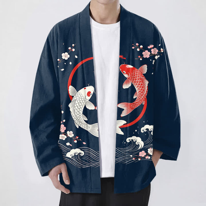 Buddha Stones Cotton Twin Koi Sakura Waves Pattern Open Front Men's Kimono - Navy - US/UK/AU48，EU58 (4XL) - image 0