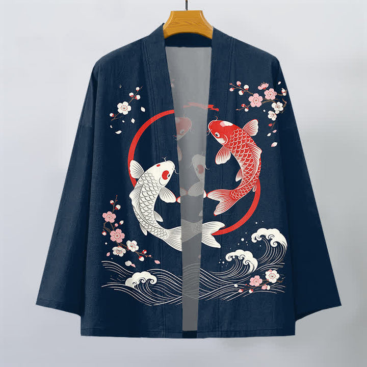 Buddha Stones Cotton Twin Koi Sakura Waves Pattern Open Front Men's Kimono - image 1