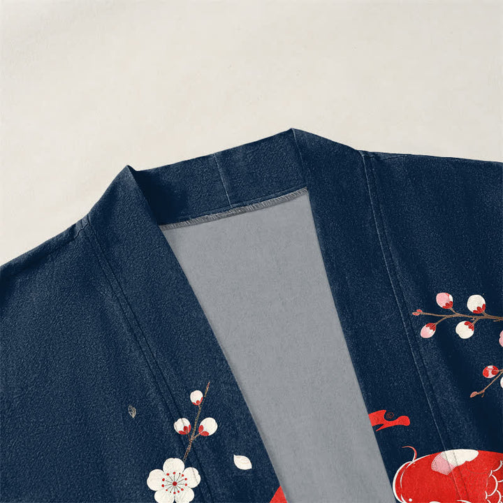 Buddha Stones Cotton Twin Koi Sakura Waves Pattern Open Front Men's Kimono - image 3