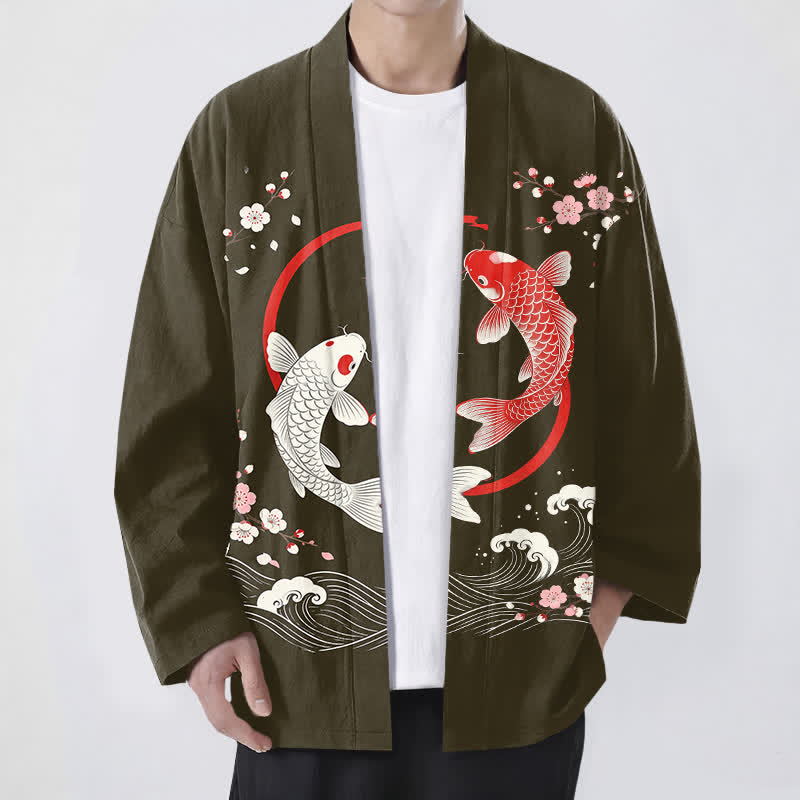 Buddha Stones Cotton Twin Koi Sakura Waves Pattern Open Front Men's Kimono - Olive - US/UK/AU48，EU58 (4XL) - image 6
