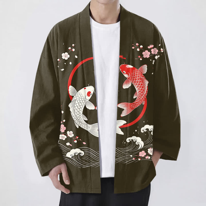 Buddha Stones Cotton Twin Koi Sakura Waves Pattern Open Front Men's Kimono - Olive - US/UK/AU48，EU58 (4XL) - image 6