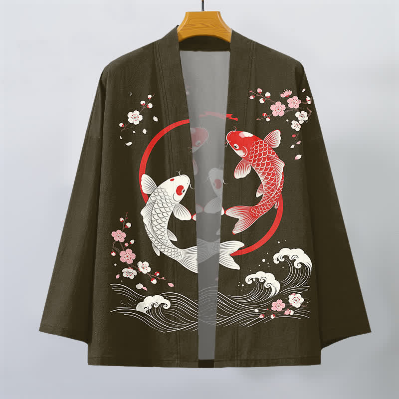 Buddha Stones Cotton Twin Koi Sakura Waves Pattern Open Front Men's Kimono - image 7