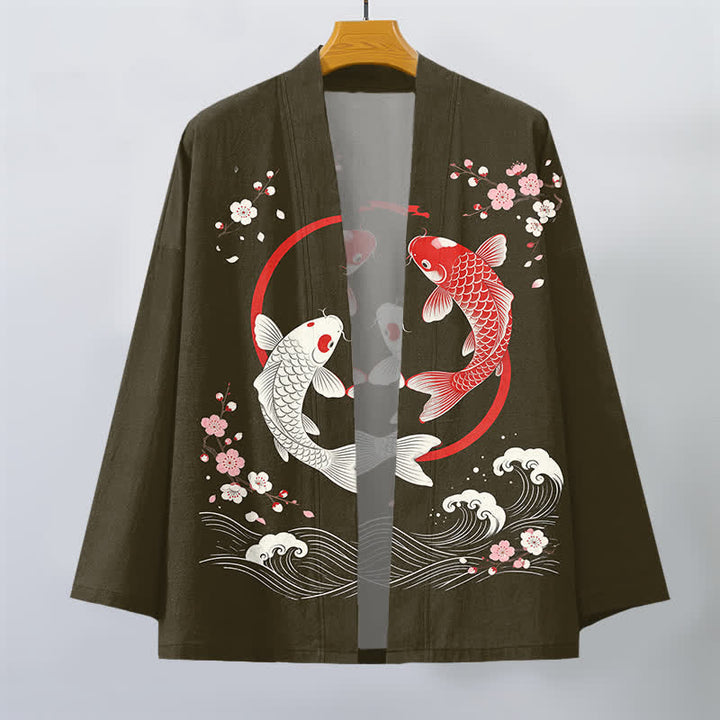 Buddha Stones Cotton Twin Koi Sakura Waves Pattern Open Front Men's Kimono - image 7