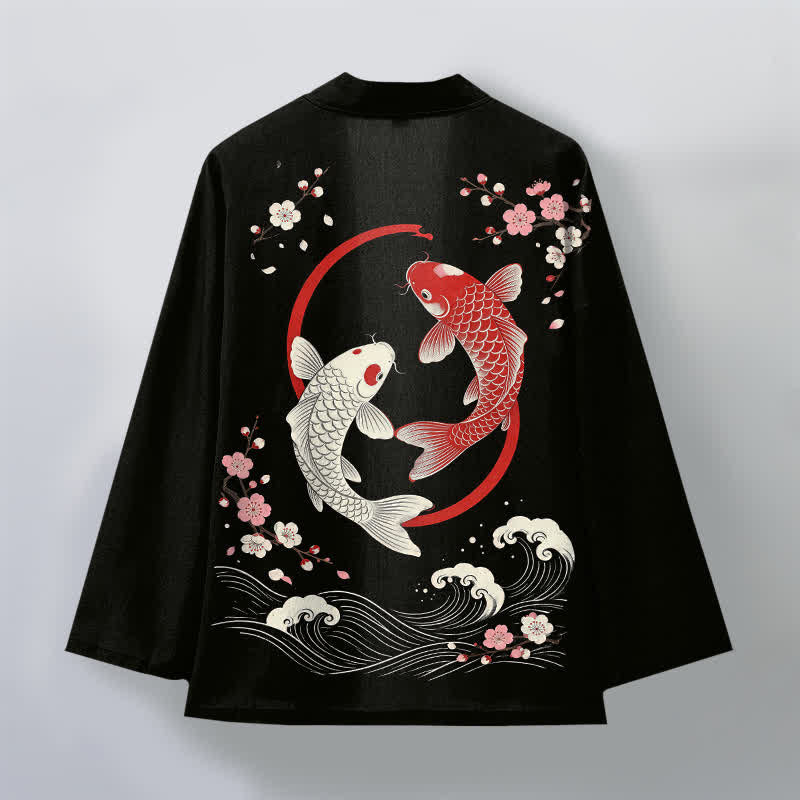 Buddha Stones Cotton Twin Koi Sakura Waves Pattern Open Front Men's Kimono - image 11