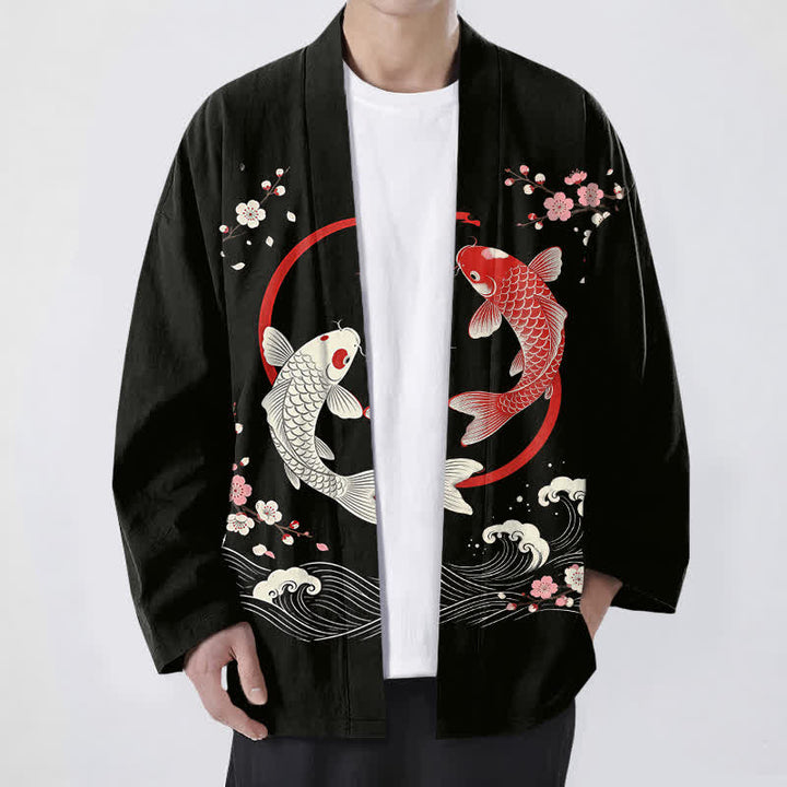 Buddha Stones Cotton Twin Koi Sakura Waves Pattern Open Front Men's Kimono - Black - US/UK/AU48，EU58 (4XL) - image 9