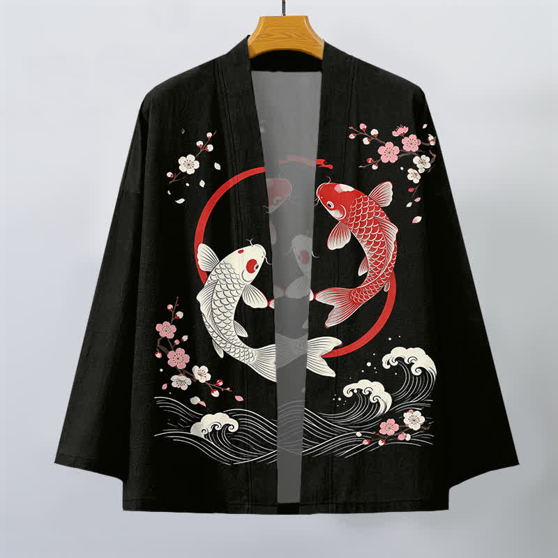 Buddha Stones Cotton Twin Koi Sakura Waves Pattern Open Front Men's Kimono - image 10