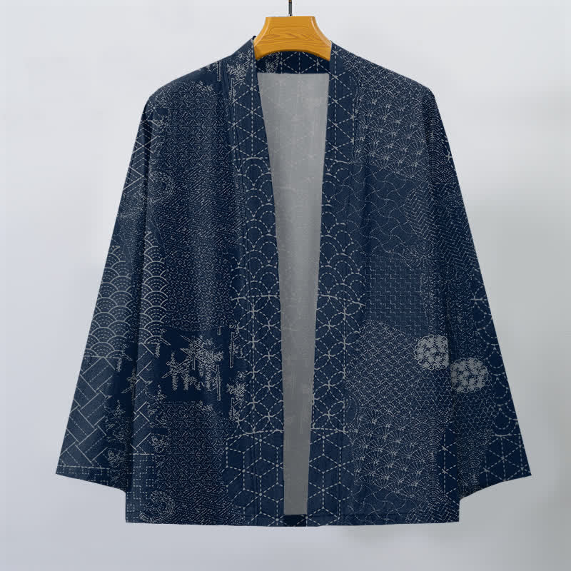 Buddha Stones Cotton Seigaiha Asanoha Pattern Open Front Men's Kimono - image 1