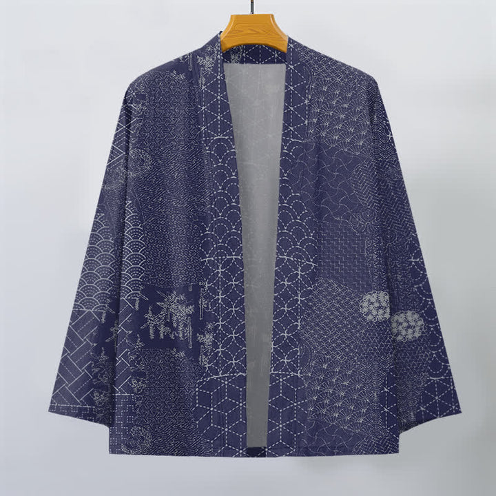 Buddha Stones Cotton Seigaiha Asanoha Pattern Open Front Men's Kimono - image 10
