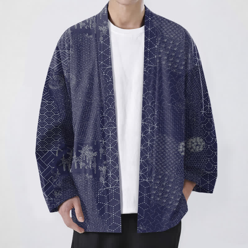 Buddha Stones Cotton Seigaiha Asanoha Pattern Open Front Men's Kimono - DarkSlateBlue - US/UK/AU48，EU58 (4XL) - image 9