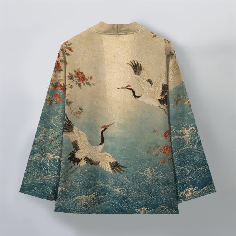 Buddha Stones Cotton White Crane Floral Waves Pattern Open Front Men's Kimono - image 2