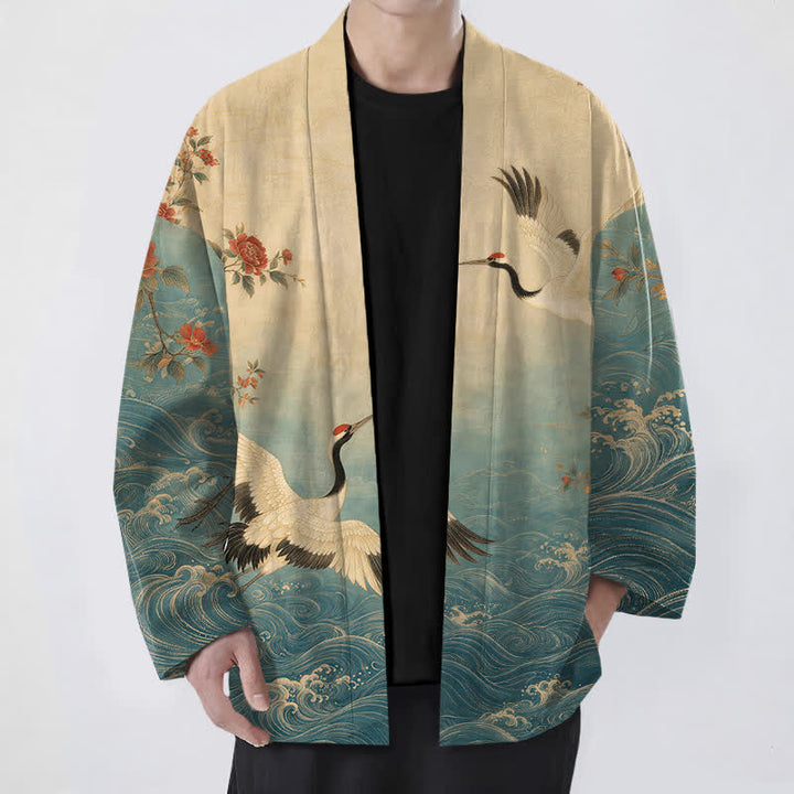 Buddha Stones Cotton White Crane Floral Waves Pattern Open Front Men's Kimono - Teal - US/UK/AU48，EU58 (4XL) - image 0