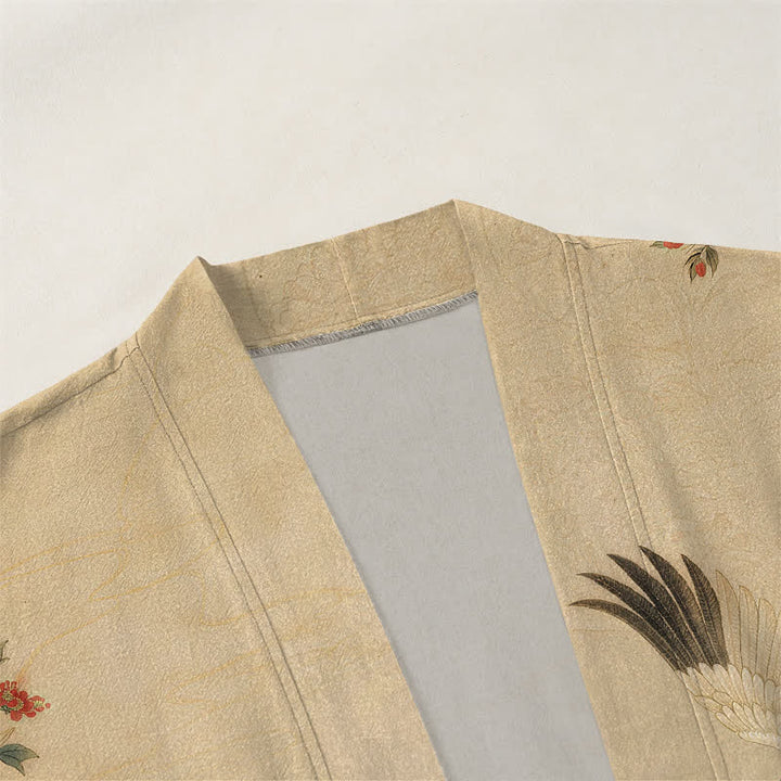 Buddha Stones Cotton White Crane Floral Waves Pattern Open Front Men's Kimono - image 3