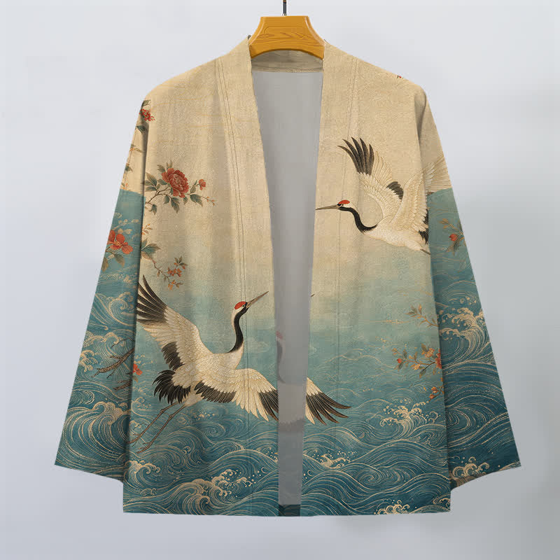 Buddha Stones Cotton White Crane Floral Waves Pattern Open Front Men's Kimono - image 1