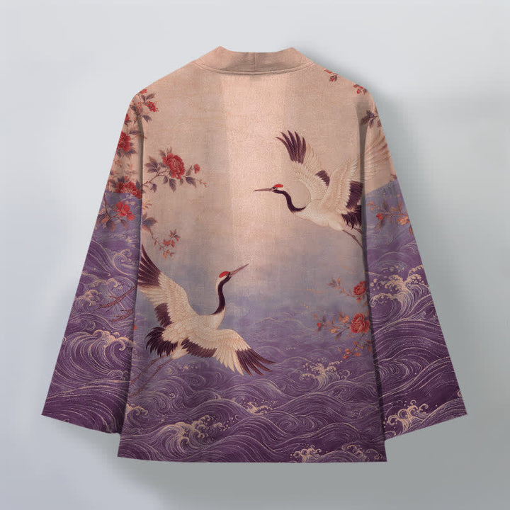 Buddha Stones Cotton White Crane Floral Waves Pattern Open Front Men's Kimono - image 8