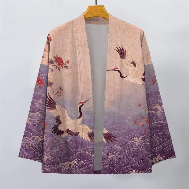 Buddha Stones Cotton White Crane Floral Waves Pattern Open Front Men's Kimono - image 7