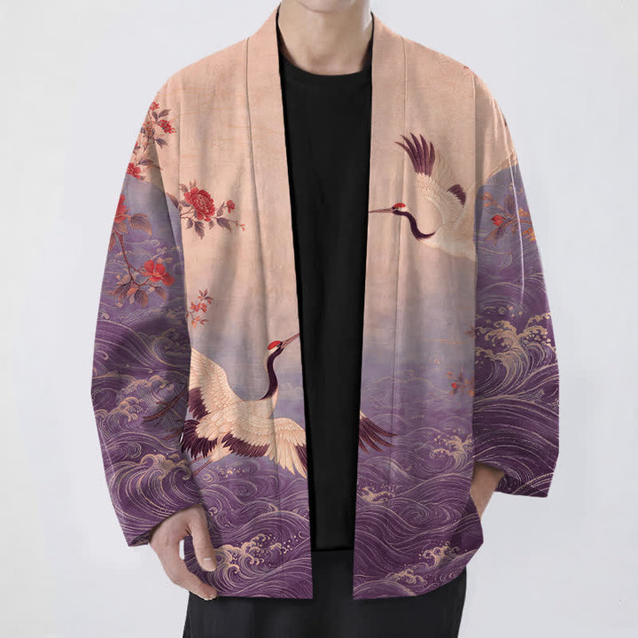 Buddha Stones Cotton White Crane Floral Waves Pattern Open Front Men's Kimono - MediumPurple - US/UK/AU48，EU58 (4XL) - image 6